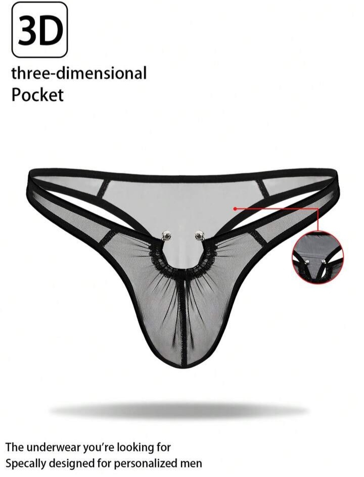 Men's Black Mesh Thong Underwear Whit Ring Detail